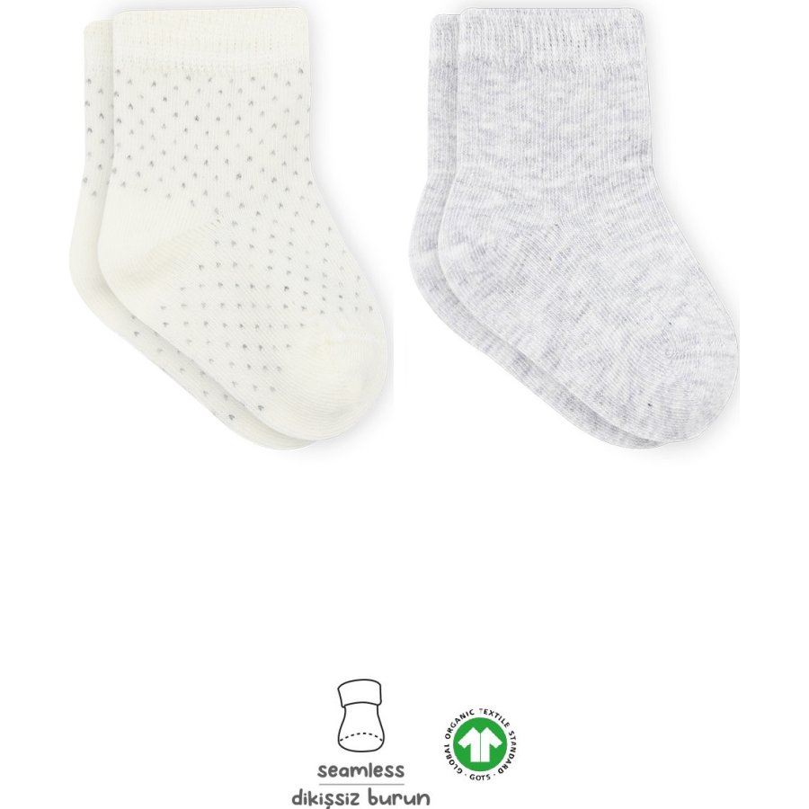 Bistyle Organik Puan Derby Penye Soket Çorap, Gri, Ekru, 2'li