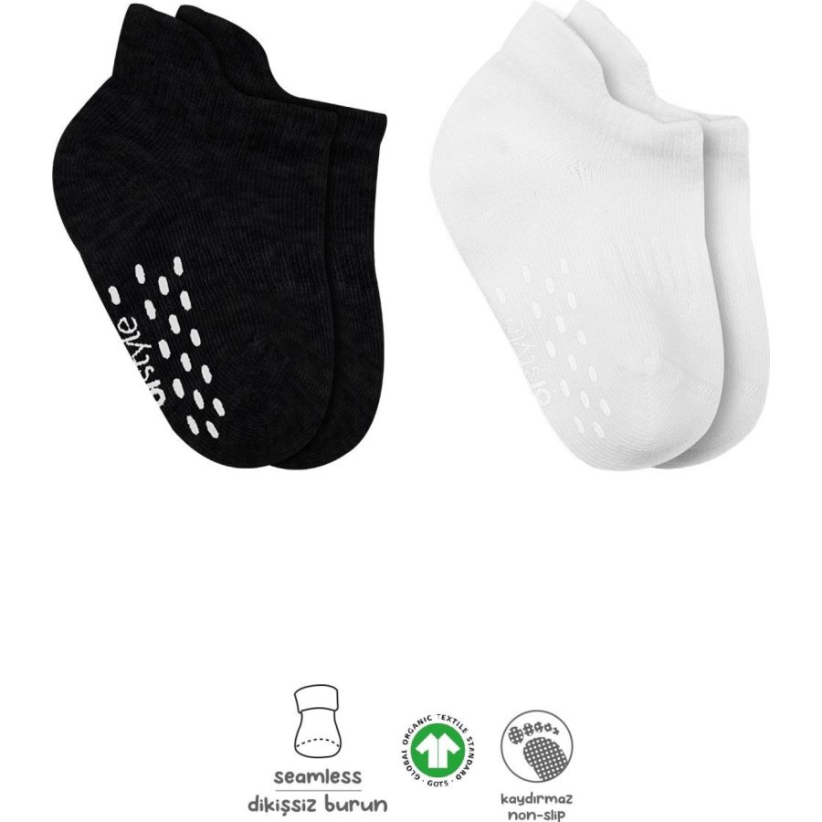 Bistyle 2'Li Sneakers Kaymaz Basic Penye Çorap 20103 Siyah Ekru