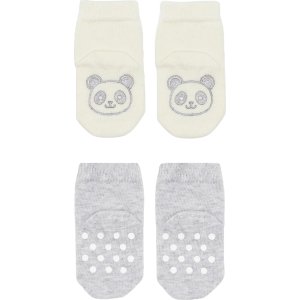 Bistyle Organik Penye Figürlü Kaymaz Soket Çorap, Gri, Ekru, 2'li