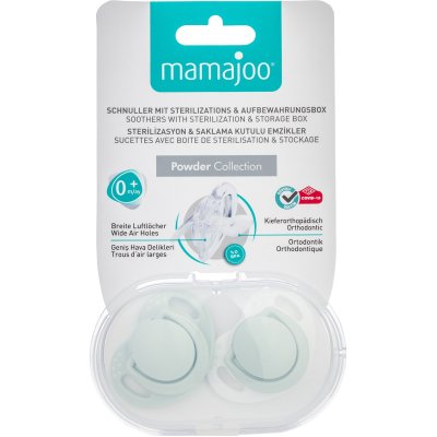 Mamajoo Sterilizasyon & Saklama Kutulu Ortodondik Emzik, 0 Ay+, Powder Green, 2'li