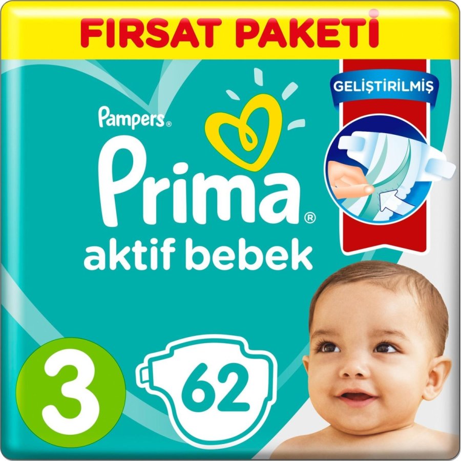 Prima Aktif Bebek Bezi, 3 Beden, 62 Adet