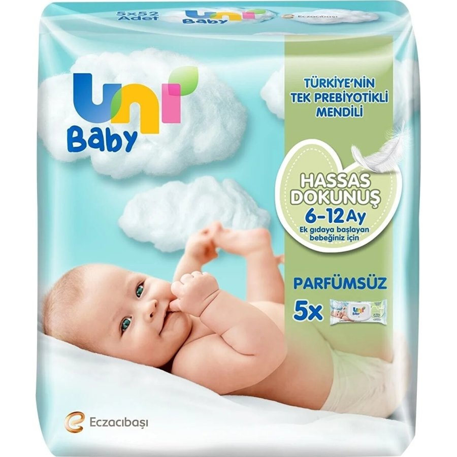 Uni Baby Hassas Dokunuş Islak Havlu Mendil, 52 Yaprak, 5'li