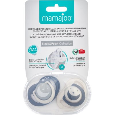 Mamajoo Sterilizasyon & Saklama Kutulu Ortodondik Emzik, Gece & Gündüz, 12 Ay+, Black Pearl, 2'li