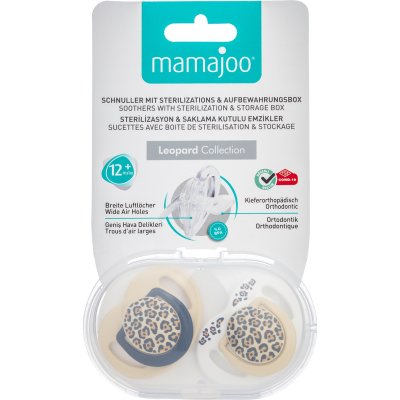 Mamajoo Sterilizasyon & Saklama Kutulu 2'li Ortodondik Emzik, 12 Ay+, Bej, Leopar