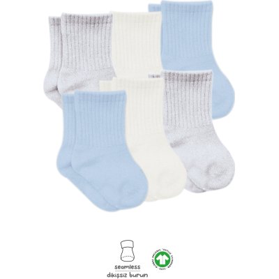 Bistyle Basic Penye Düz Soket Çorap, Mavi, Ekru, 6'lı