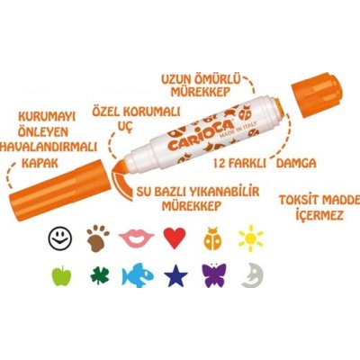 Carioca Stamperello Yıkanabilir Keçeli Boya Kalemi, Bir Ucu Keçeli Kalem Bir Ucu Damga, 12'li