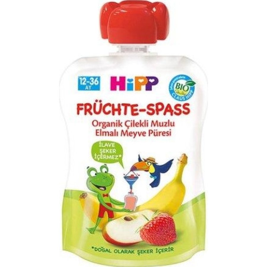 Hipp Organik Çilekli Muzlu Elmalı Meyve Püreli Kavanoz Maması, 90 g