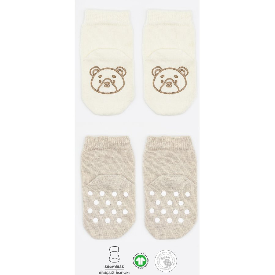 Bistyle Organik Penye Figürlü Kaymaz Soket Çorap, Bej, Ekru, 2'li