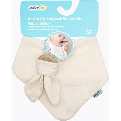 BabyJem Ahşap Diş Kaşıyıcılı Bürümcük Müslin Önlük, Ekru