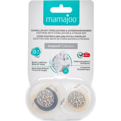 Mamajoo Sterilizasyon & Saklama Kutulu Ortodondik Emzik, 0 Ay+, Bej Leopar, 2'li