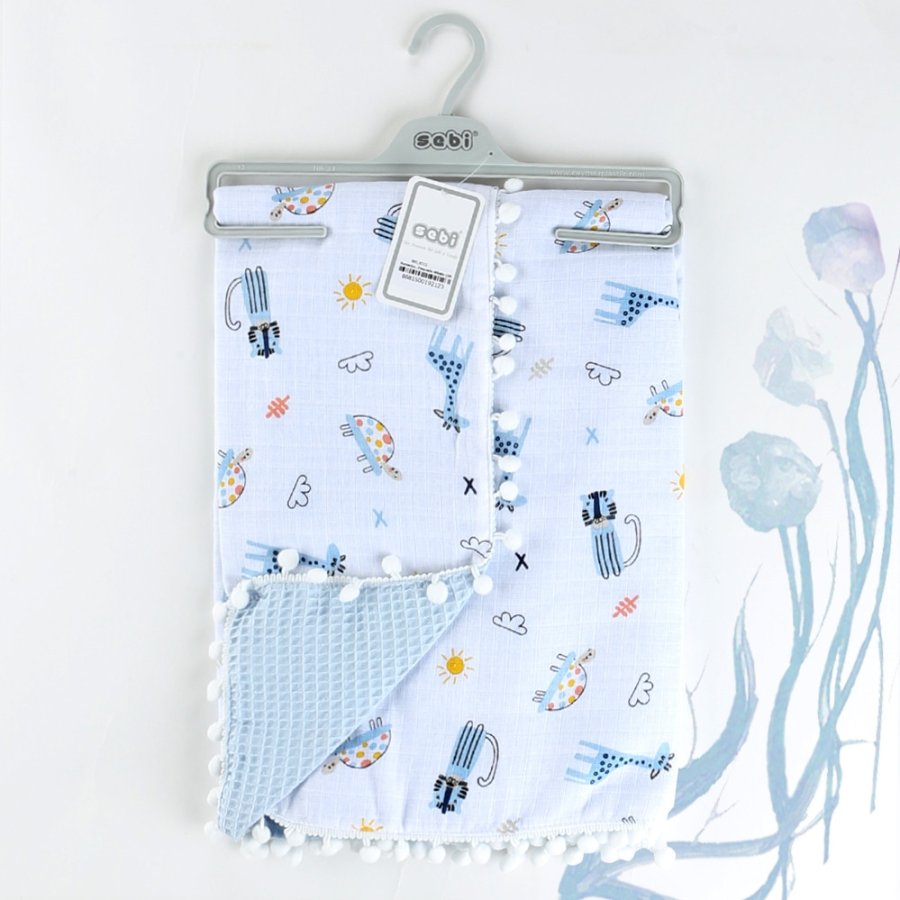 Sebi Bebe Ponponlu Çift Katlı Müslin Bebek Battaniye