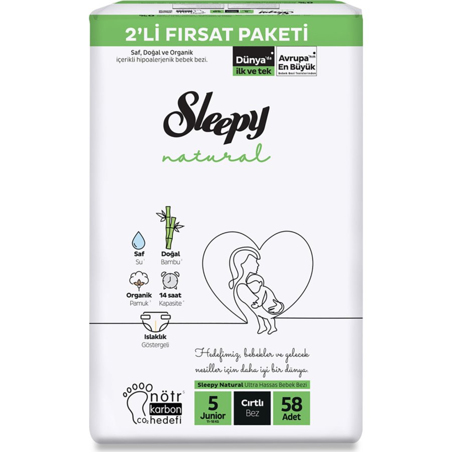 Sleepy Natural Bebek Bezi 2'Li Fırsat Paketi 5 Beden 58 Adet