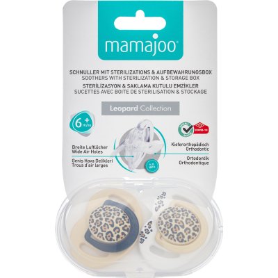 Mamajoo Sterilizasyon & Saklama Kutulu 2'li Ortodondik Emzik, 6 Ay+, Bej, Leopar