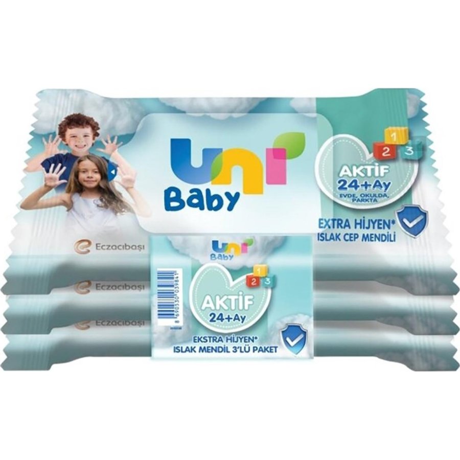 Uni Baby Aktif Hijyenik Islak Cep Mendili, 15 Yaprak, 3'lü