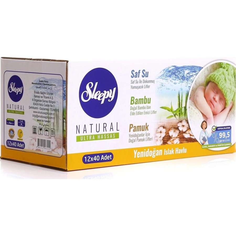 Sleepy Natural Yenidoğan Islak Havlu Mendil, 40 Yaprak, 12'li