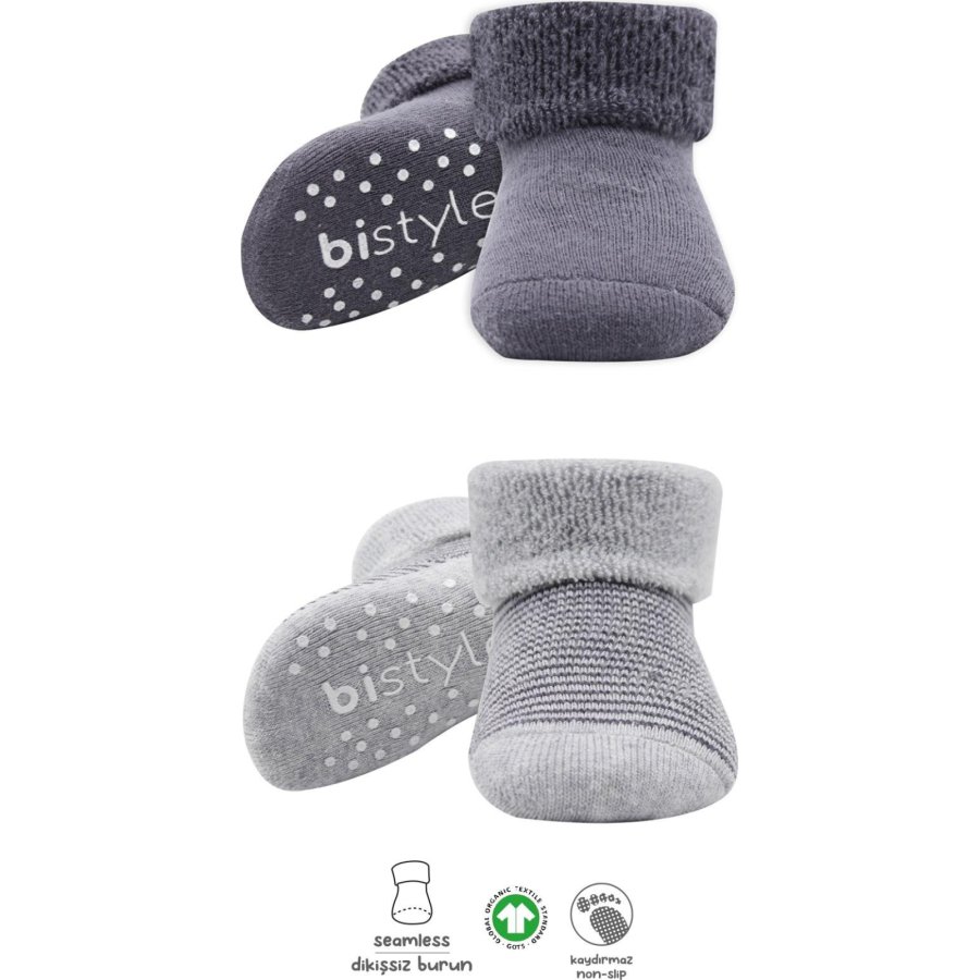 Bistyle 2'Li Çemberli Kaymaz Havlu Soket Çorap 10503 Gri-Antrasit