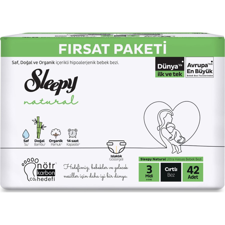Sleepy Natural Bebek Bezi Fırsat Paketi 3 Beden 4-9 Kg 42 Adet
