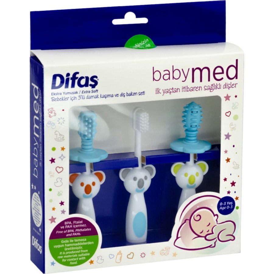 Difaş Bebekler İçin 3'lü Damak Kaşıma ve Diş Bakım Seti, Mavi