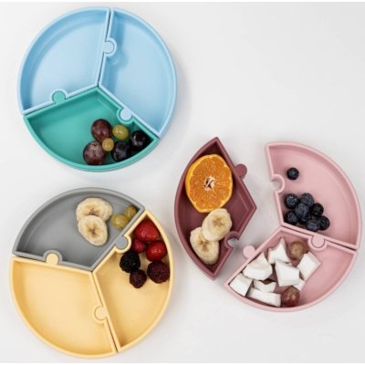 OiOi Puzzle Vakum Tabanlı Silikon Tabak, Sarı, Gri