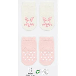 Bistyle Organik Penye Figürlü Kaymaz Soket Çorap, Pembe, Ekru, 2'li