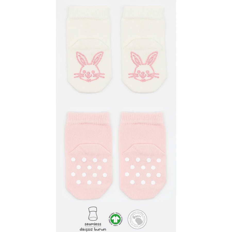 Bistyle Organik Penye Figürlü Kaymaz Soket Çorap, Pembe, Ekru, 2'li