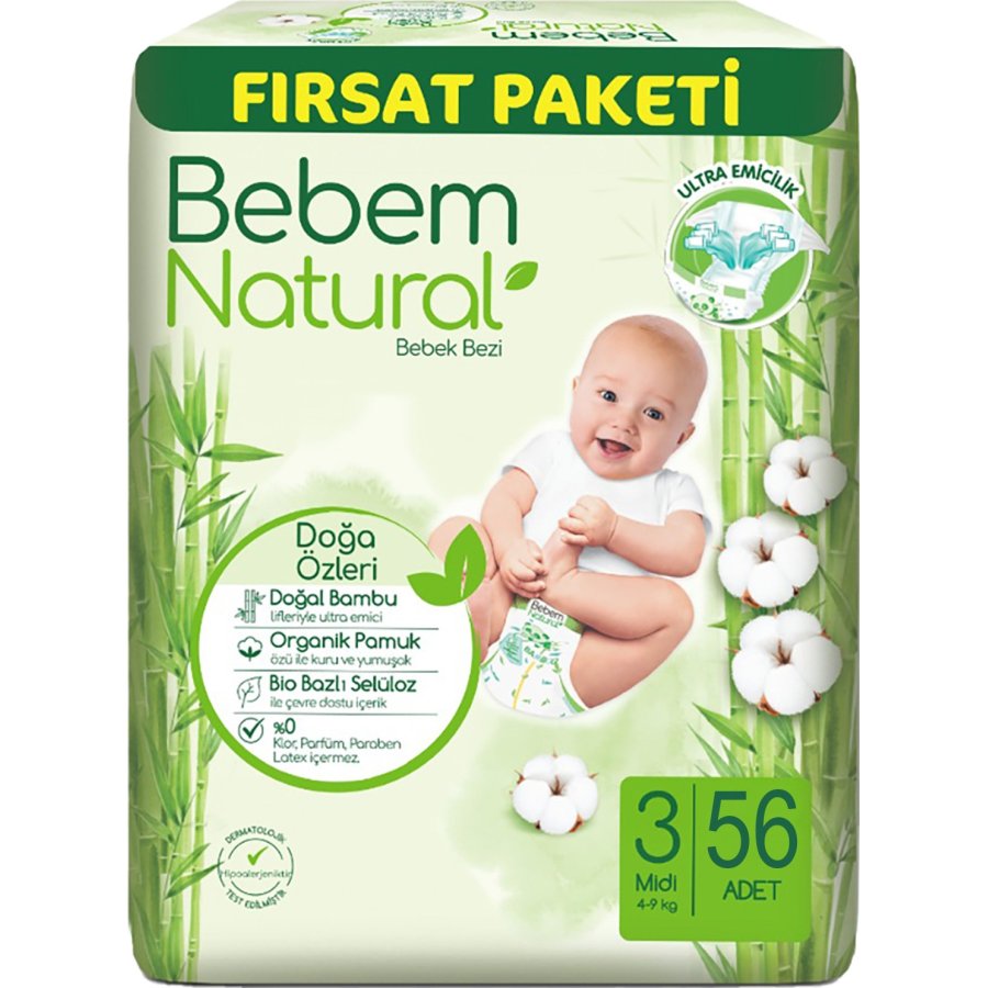 Bebem Natural Bebek Bezi, 3 Beden, 56 Adet