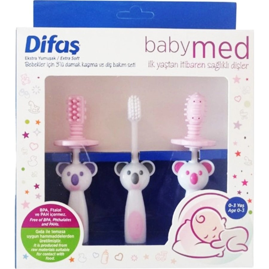 Difaş Bebekler İçin 3'lü Damak Kaşıma ve Diş Bakım Seti, Pembe