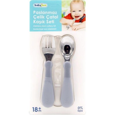 BabyJem Paslanmaz Çelik Çatal Kaşık Seti, Gri