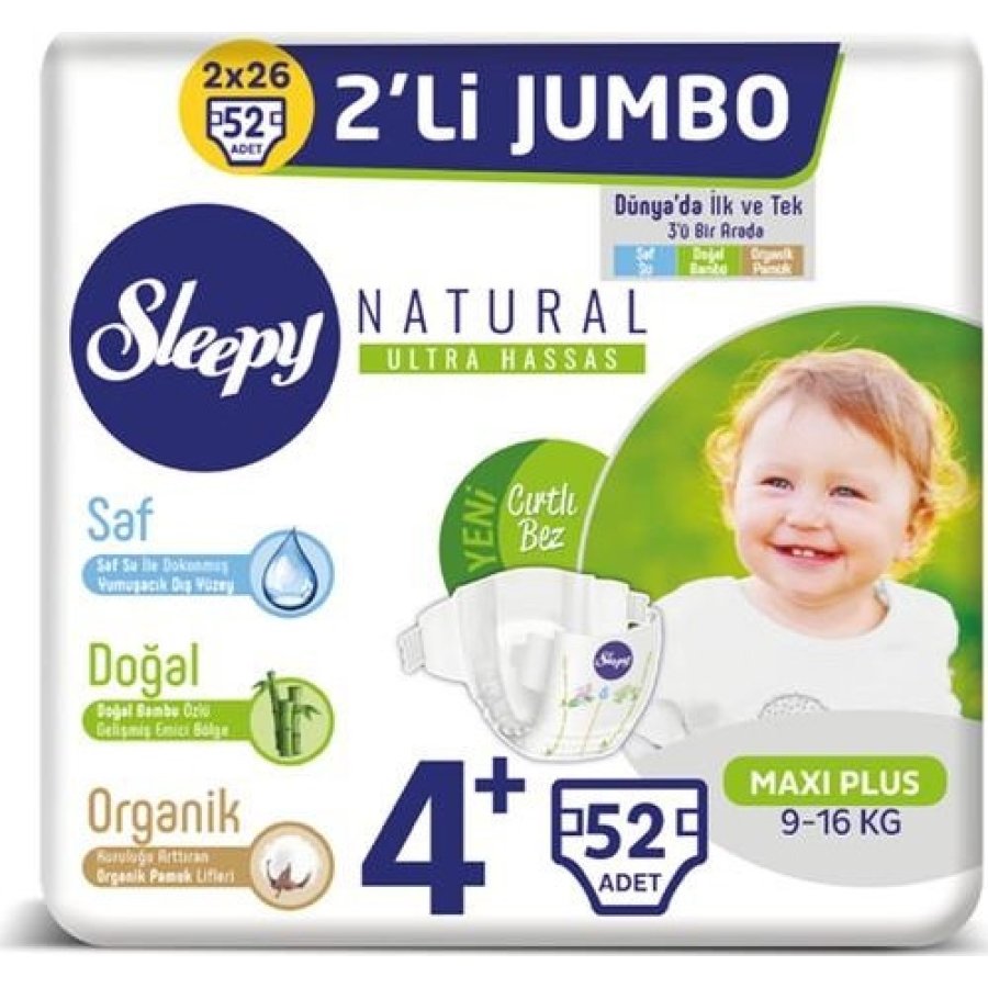 Sleepy Natural Bebek Bezi, 4+ Numara, 52 Adet
