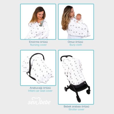 Sevi Bebe Çok Fonksiyonlu Organik Müslin Örtü, Gri, Yıldız