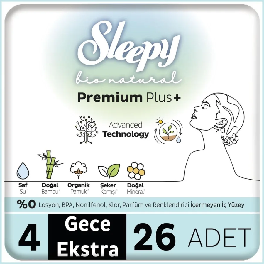 Sleepy Bio Natural Premium Plus Mega Ekstra Gece Ped, 26 Adet