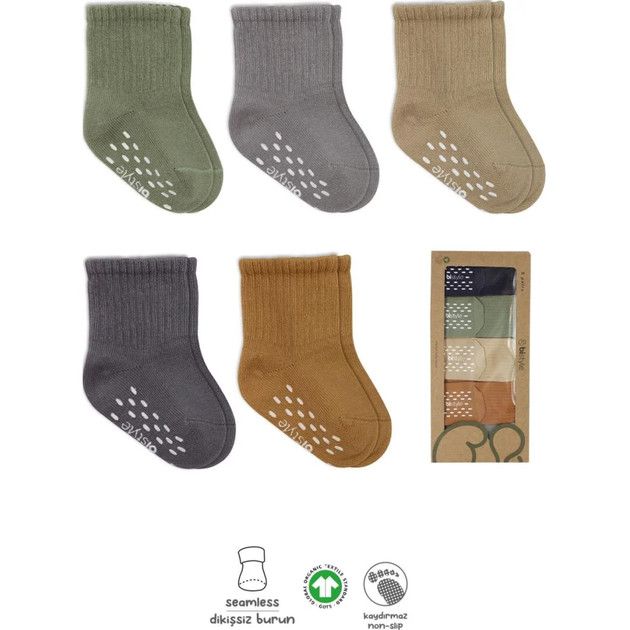 Bistyle Penye Kaymaz Düz Soket Çorap, 5'li, Yeşil