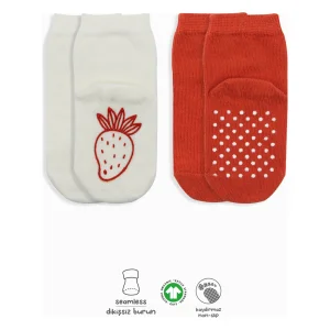 Bistyle Meyve Figürlü Kaymaz Soket Çorap, 2'li, Kırmızı, Ekru