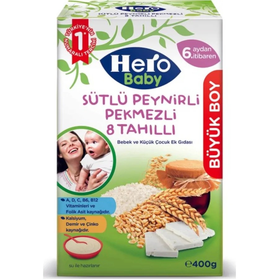 Hero Baby Sütlü 8 Tahıllı Peynirli Pekmezli Ekonomik Paket Kaşık Mama, 400 g