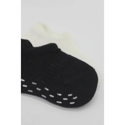 Bistyle 2'Li Sneakers Kaymaz Basic Penye Çorap 20103 Siyah Ekru
