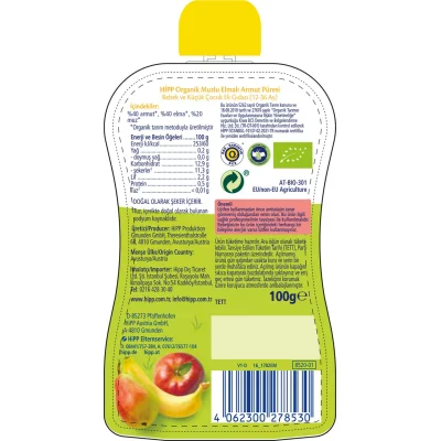 Hipp Organik Muzlu Elmalı Armutlu Meyve Püreli Kavanoz Maması, 90 g