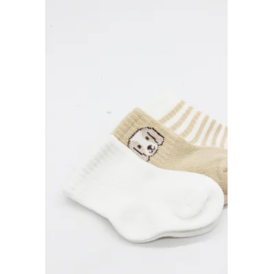 Bistyle Dog Boy Penye Soket Çorap, 3'lü, Ekru