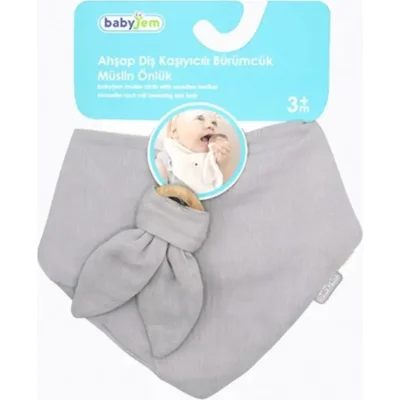 BabyJem Ahşap Diş Kaşıyıcılı Bürümcük Müslin Önlük, Gri