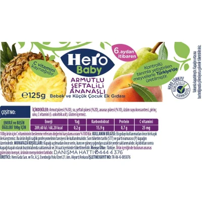 Hero Baby Armutlu Şeftalili Ananaslı Kavonoz Mama, 120 g
