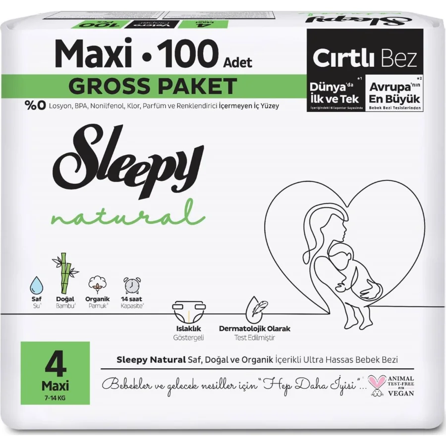 Sleepy Natural Bebek Bezi, 4 Beden, 100 Adet