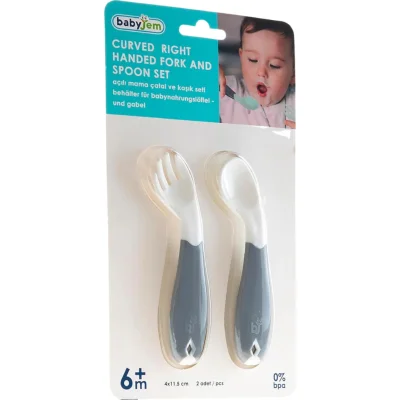 BabyJem Açılı Mama Kaşık Çatal Takımı, Gri