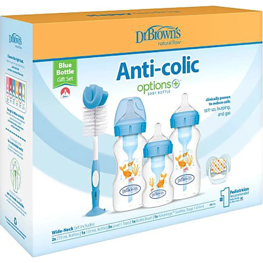 Dr.Brown's Geniş Ağız Anti Kolik Options+ PP Biberon Hediye Seti, Mavi
