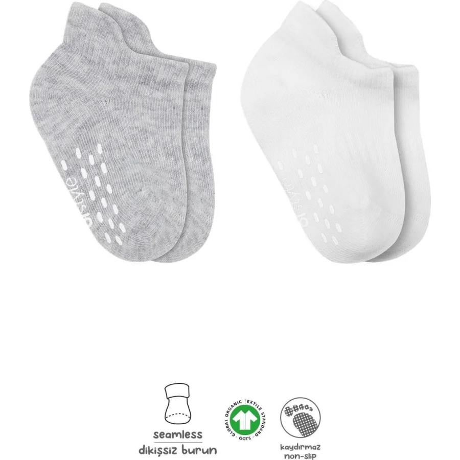 Bistyle 2'Li Sneakers Kaymaz Basic Penye Çorap 20103 Gri Beyaz