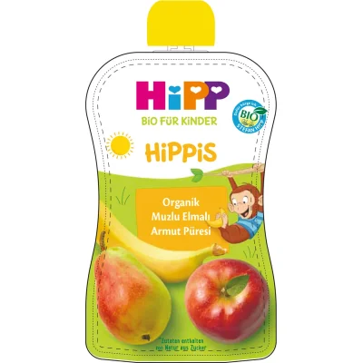 Hipp Organik Muzlu Elmalı Armutlu Meyve Püreli Kavanoz Maması, 90 g