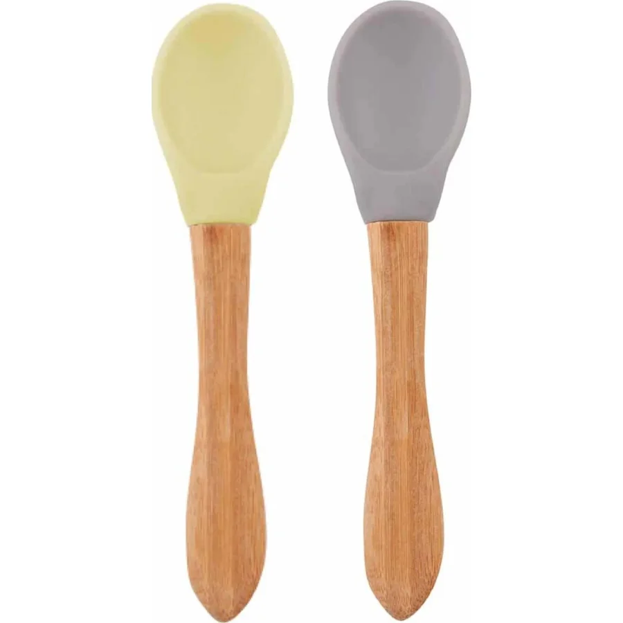 OiOi Bambu Saplı Silikon Mama Kaşığı Mellow Yellow / Powder, 2'li, Gri