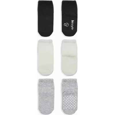 Bistyle Basic Kaymaz Penye Soket Çorap, 3'lü, Siyah, Ekru, Gri