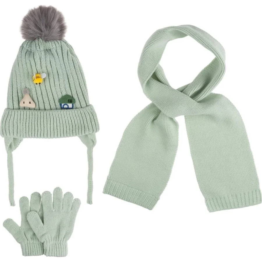 Kitti Bebe Kız Atkı Bere Eldiven Takım, 1-4 Yaş, Mint