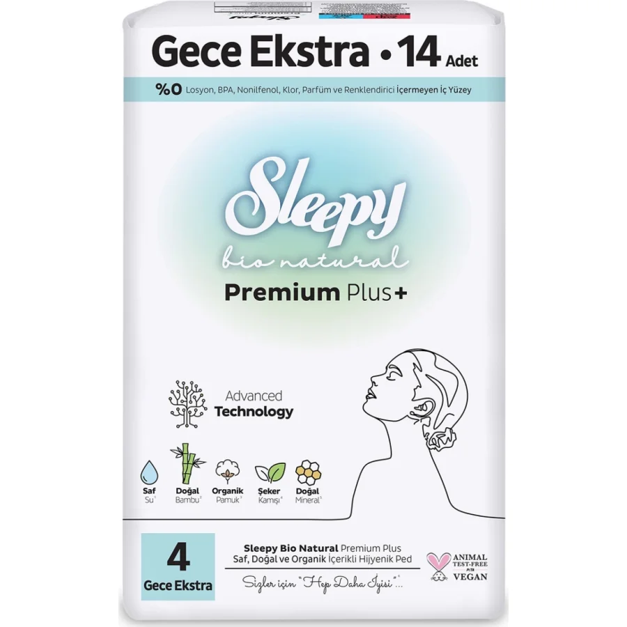 Sleepy Bio Natural Premium Plus Gece Ekstra Ped, 14 Adet
