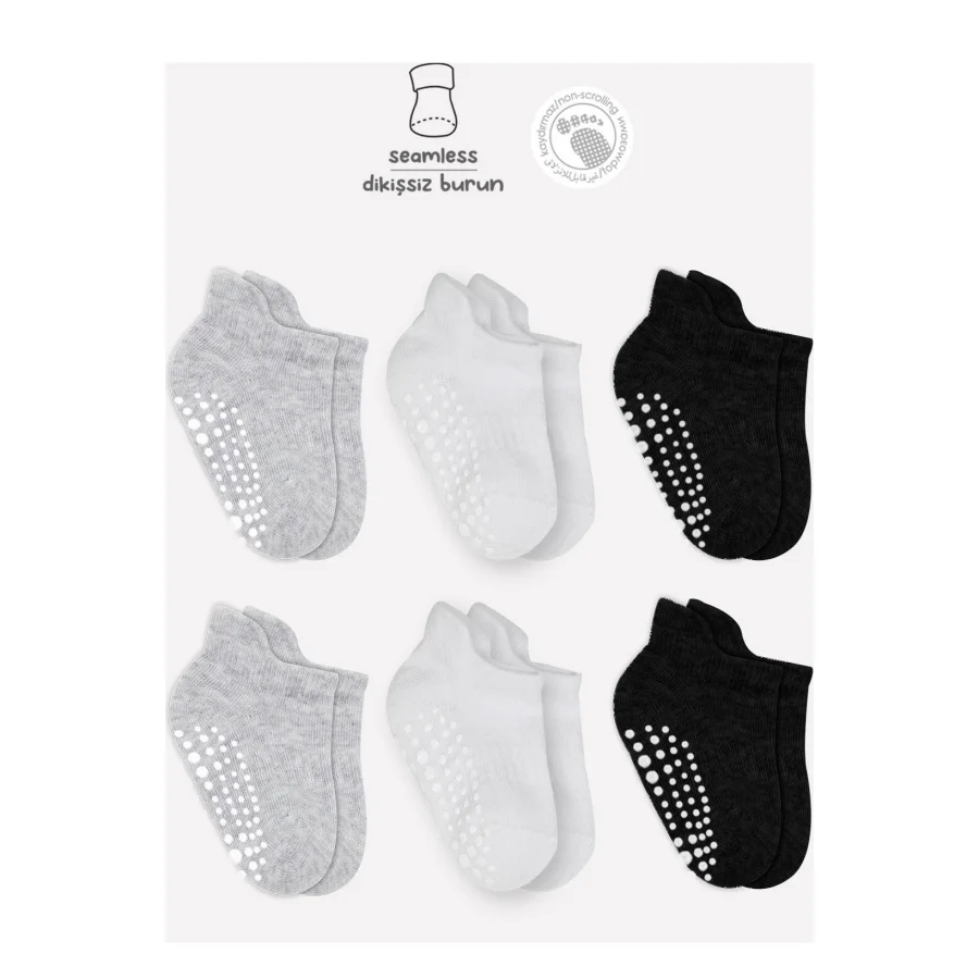 Bistyle Sneakers Kaymaz Penye Çorap, 6'lı, Gri, Beyaz, Siyah