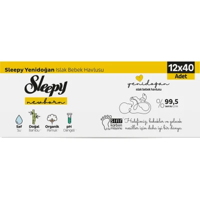 Sleepy Natural Yenidoğan Islak Havlu Mendil, 40 Yaprak, 12'li